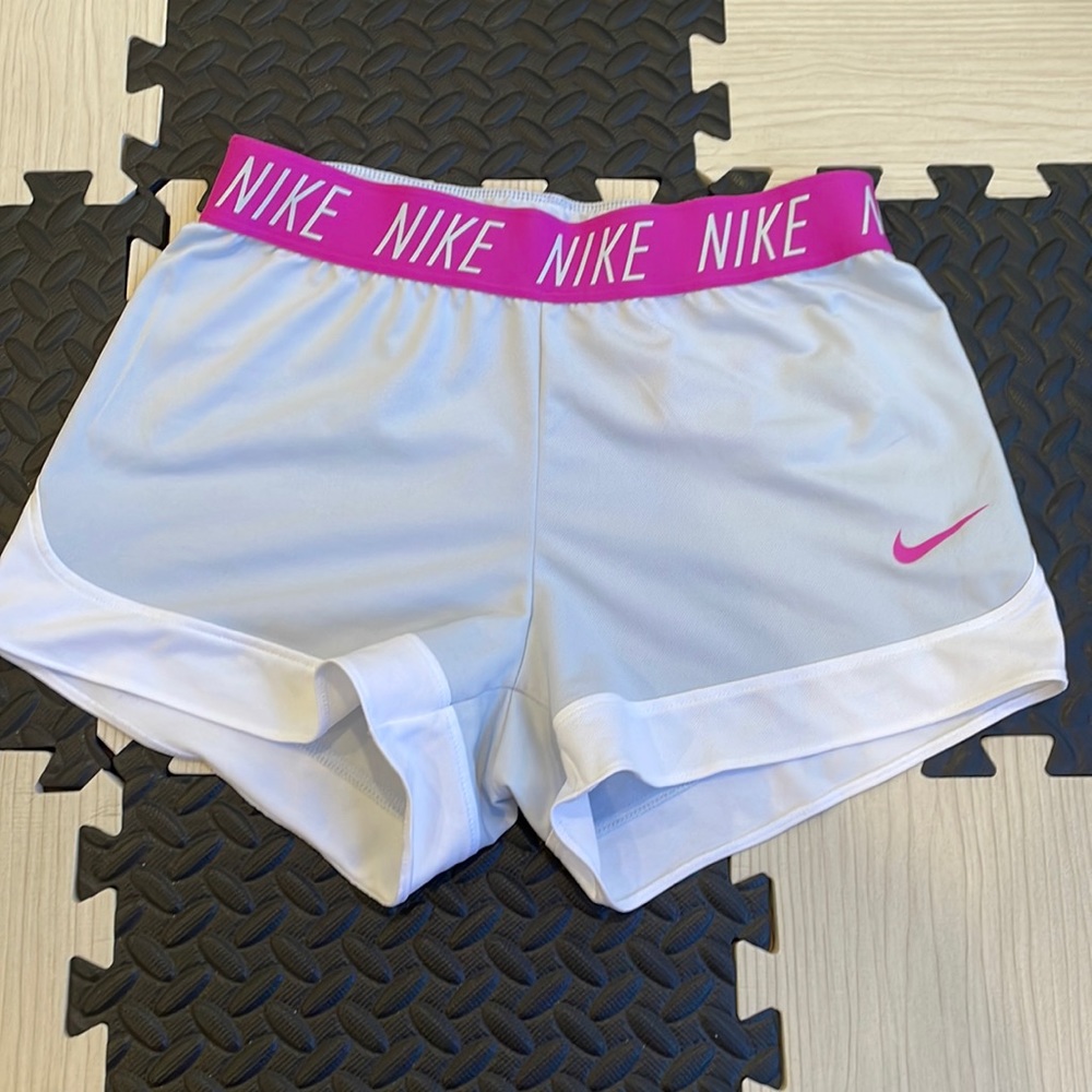 Nike Womens Size S Athletic Shorts White/Pink Logo Print Dri-Fit Sportwear